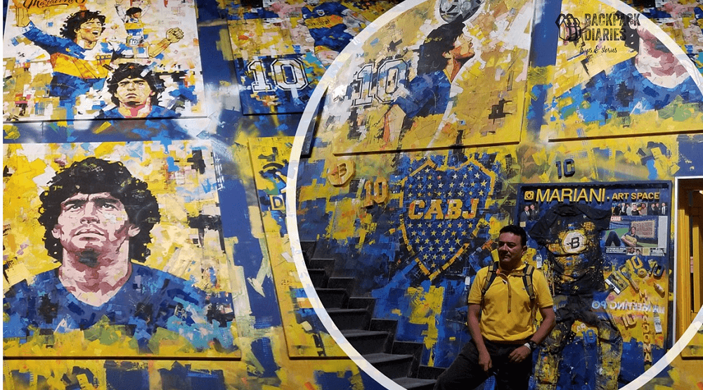 Murales auriazules entrando a las salas de exhibición del Estadio Boca Juniors  / Blue-Yellowish decoration in entrance hall of the Boca Juniors 